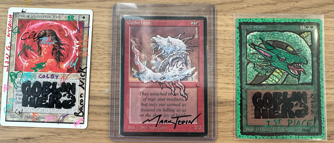 Community card, altered Goblin Hero, and Goblin-fied Craw Wurm with 1st Place text